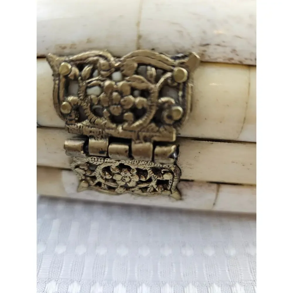 Vintage Carved Bone Hinged‎ Trinket Box - Black Velvet Lined -  Made in India